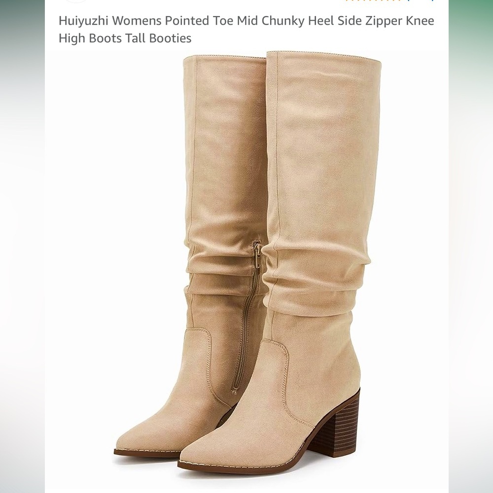 Suede Pointed Toe Mid Chunky Heel Side Zipper Knee High Boots - Cream